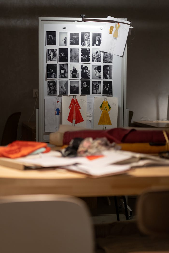 A cluttered desk with art supplies sits in front of a bulletin board featuring photos, sketches, and two colorful dress designs.