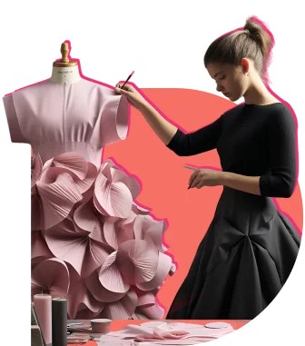 A fashion designer in a black dress adjusts a pink dress with floral ruffles on a mannequin, with a coral and orange background and tools on a table.