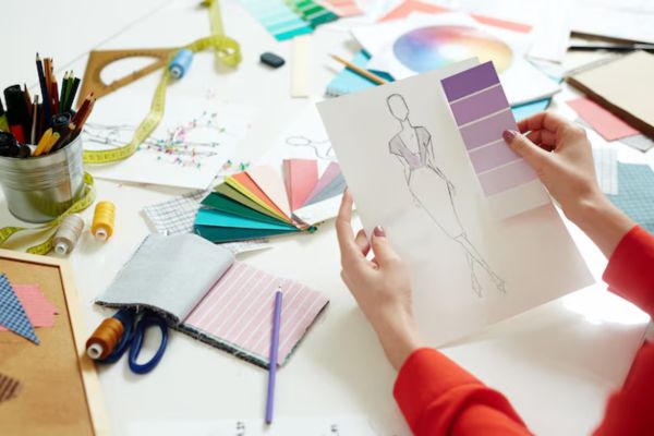 Hands hold a fashion sketch on a cluttered desk with color swatches, fabric samples, markers, scissors, and a measuring tape.