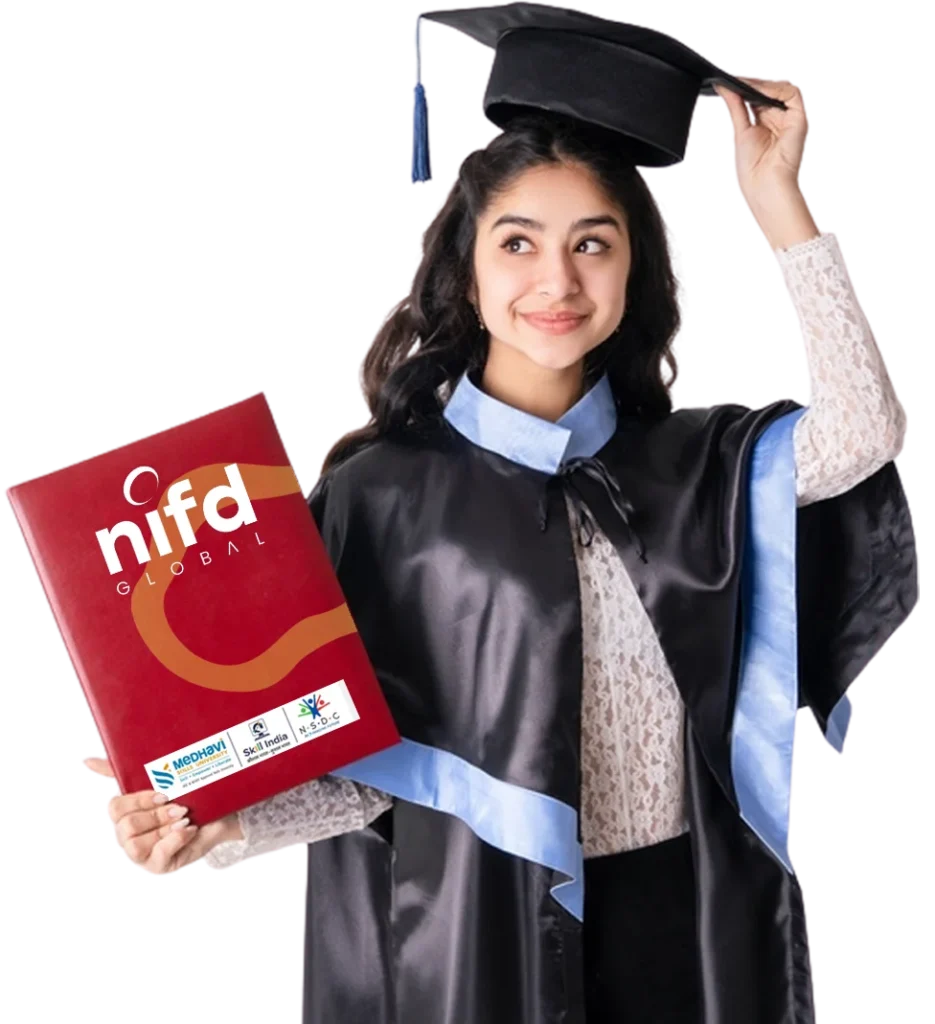 A woman in a graduation gown proudly holds a NIFD Global book, symbolizing her academic achievement and dedication to learning.