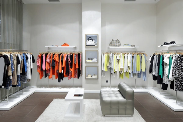 A chic boutique displays colorful garments on racks with a gray couch and white coffee table on a plush rug.