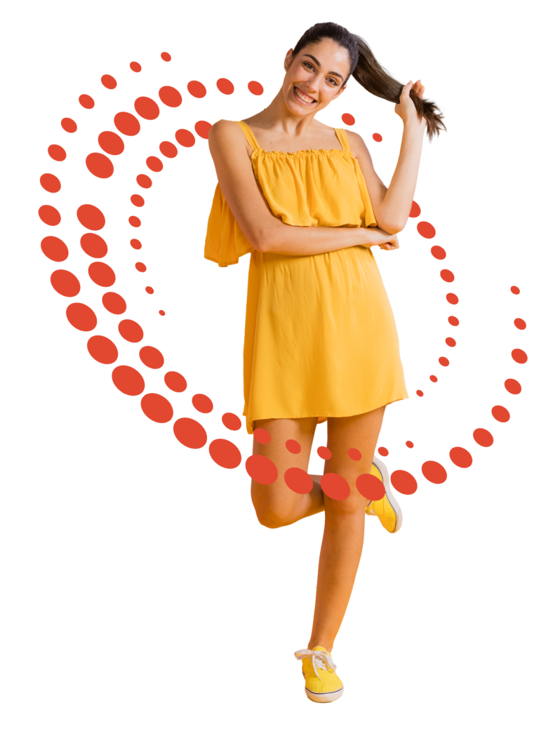 A woman in a yellow sundress and sneakers smiles and holds her hair, with red dotted spiral lines around her on a transparent background.