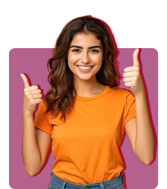 A person with long, wavy hair wearing an orange T-shirt smiles and gives double thumbs up.