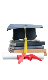 A stack of books with a graduation cap on top